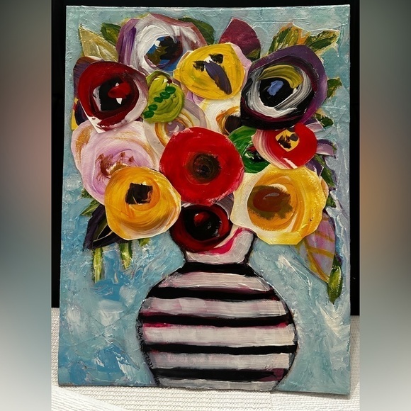 Art Painting Original Mixed Media Acrylic Collage on Canvas Board Blue Floral - Picture 3 of 12